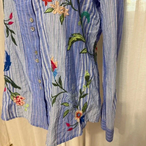 Johnny Was Workshop Madaleina Double Button Stripe Shirt Floral Boho Women's XS - Picture 3 of 9